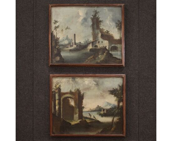 Painting oil on canvas landscape with ruins from the 18th century