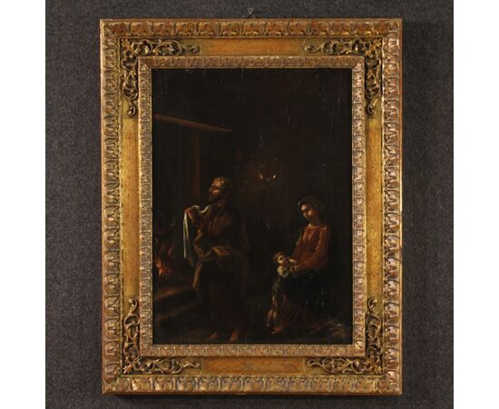 Religious Flemish artwork Holy Family on panel from the 17th century