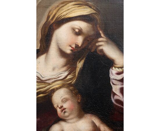 Dipinto antico olio su tela raffigurante Madonna col Bambino attribuito a Francesco Solimena. Napoli XVIII secolo.