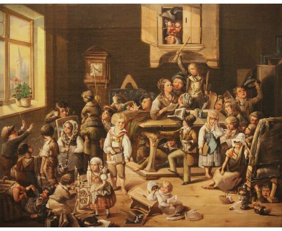 "Scena di bimbi in classe "  olio su tela già XIXsec.