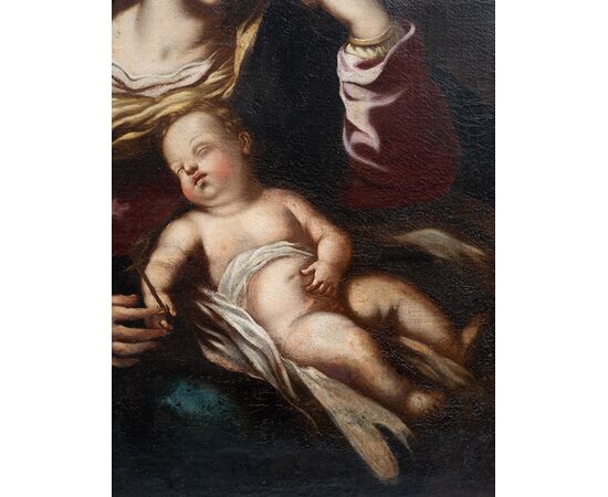 Dipinto antico olio su tela raffigurante Madonna col Bambino attribuito a Francesco Solimena. Napoli XVIII secolo.