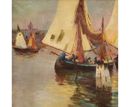 Signed painting and dated seascape with boats from the 20th century