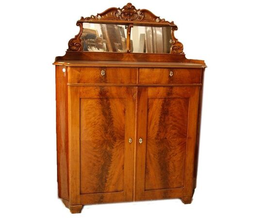 Antica credenza alta Nord Europa Biedermeier del 1800 con alzatina in mogano