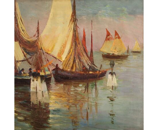 Signed painting and dated seascape with boats from the 20th century