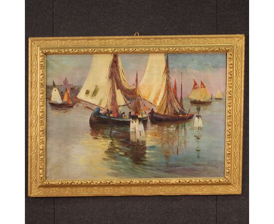 Signed painting and dated seascape with boats from the 20th century