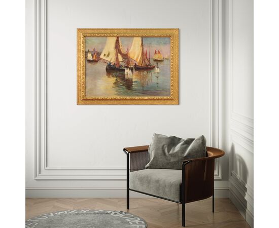 Signed painting and dated seascape with boats from the 20th century