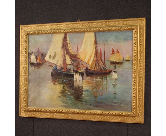 Signed painting and dated seascape with boats from the 20th century