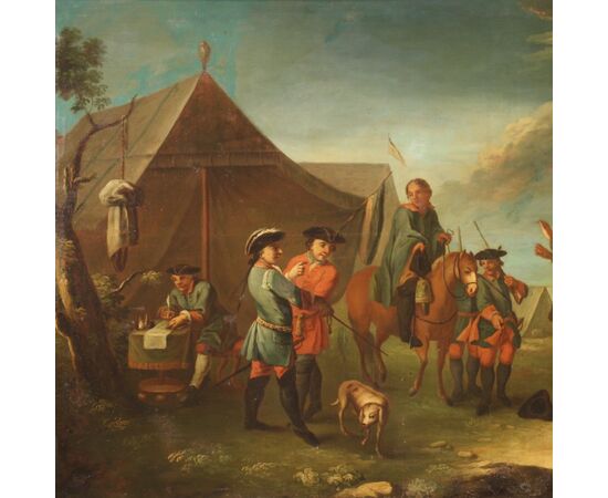 French painting camp with soldiers and horses from the 19th century