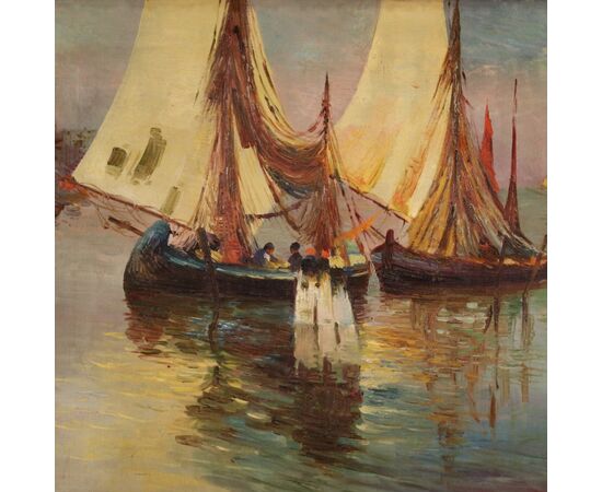 Signed painting and dated seascape with boats from the 20th century