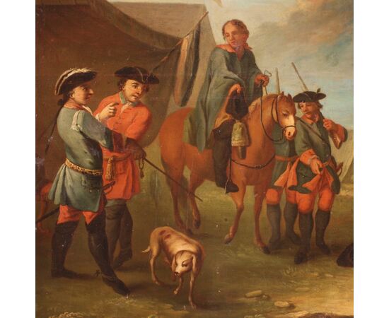 French painting camp with soldiers and horses from the 19th century