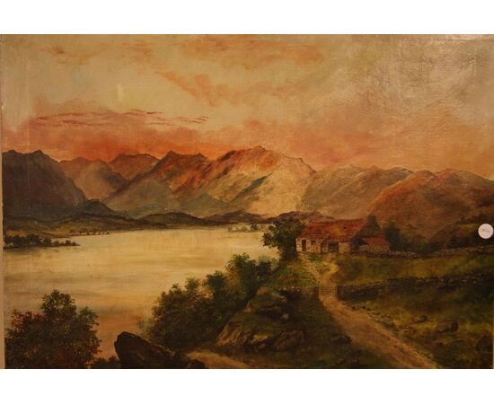 Antico quadro inglese del 1800 olio su tela raffigurante paesaggio campestre con lago e montagne 