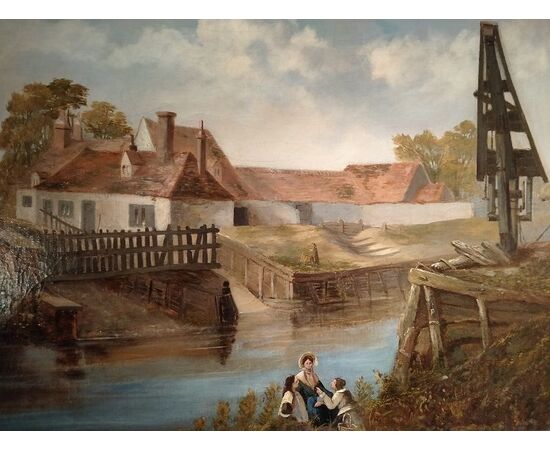 Olio su tela raffigurante del 1800 inglese raffigurante paesaggio fluviale con figure