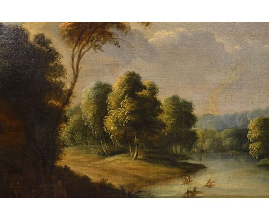 Paesaggio fluviale con scena di vita popolare, Adrien Frans Boudewijns (Bruxelles 1644-1711) e Pieter Bout (Bruxelles 1658-1719)