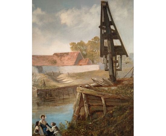 Olio su tela raffigurante del 1800 inglese raffigurante paesaggio fluviale con figure