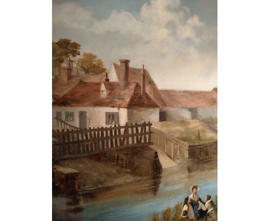 Olio su tela raffigurante del 1800 inglese raffigurante paesaggio fluviale con figure