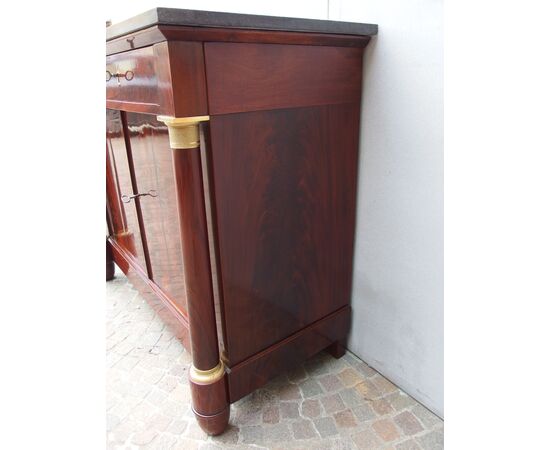 CREDENZA IN STILE IMPERO COLONNE PIENE IN PIUMA DI MOGANO RETAURATA FRANCIA  cm L 120xP55xH101    