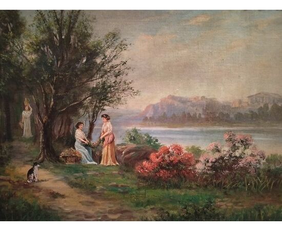 Olio su cartoncino Nord Europa del 1800 paesaggio con bosco lago e personaggi