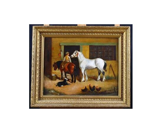 Antico quadro inglese del 1800 olio su tela "Bambino a cavallo"