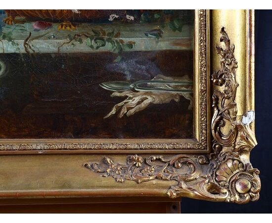 Antico quadro francese del 1800 olio su tela Vaso con fiori 