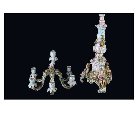 Candelabro a 7 fiamme in porcellana Meissen decorata