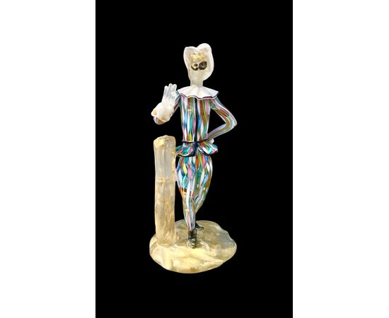 Scultura in vetro ‘Arlecchino’ in vetro pesante con reticello zanfirico,l’attimo e inclusioni oro.A.Ve.M.Murano.