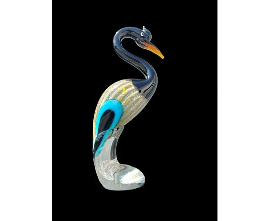 Figura di uccello airone in vetro pesante sommerso con inclusione ossidi di argento.A.Ve.M Murano.