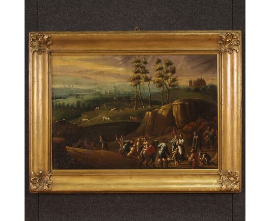 Painting oil on canvas landscape with wayfarers from the 18th century