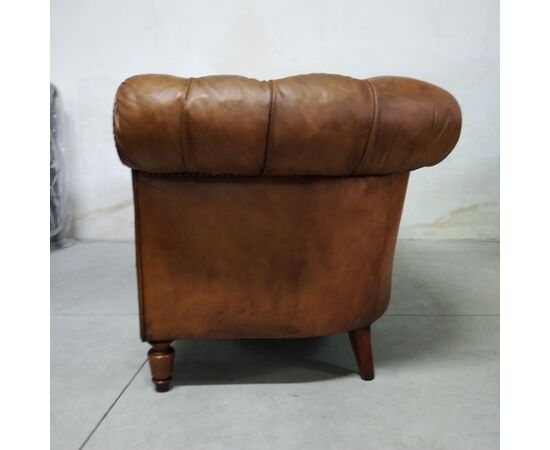 Divano 2 posti Chesterfield club vintage originale in pelle marrone cognac degli anni '70