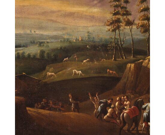 Painting oil on canvas landscape with wayfarers from the 18th century