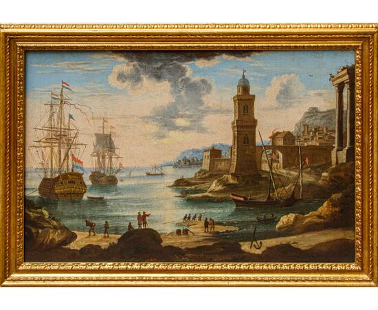 Bottega di Orazio Grevenbroeck (1670 - 1743)  Scena portuale con barche e galeoni