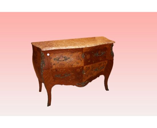 Cassettone francese del 1800 stile Luigi XV riccamente intarsiato in bois de rose