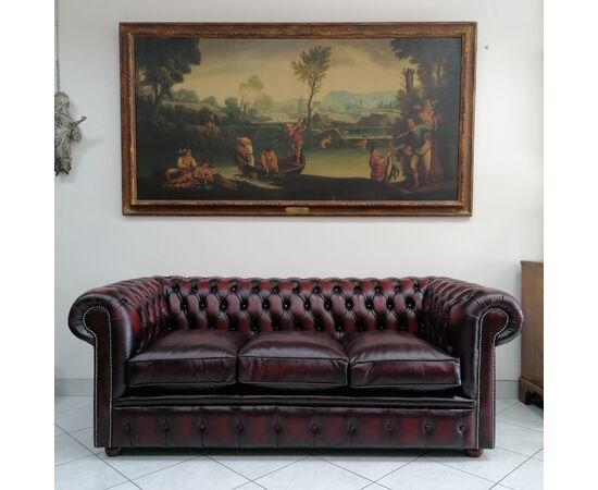 Divano 3 posti chesterfield capitonnè in pelle bordeaux 