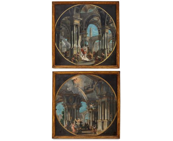 Coppia di capricci architettonici con scene mitologiche, olio su tela, pittore bolognese attivo nel XVIII secolo