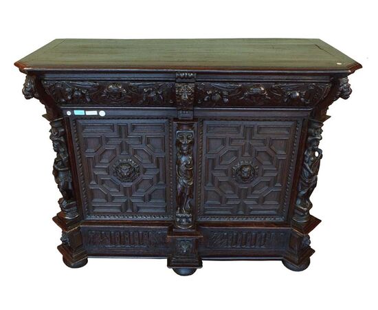 Straordinaria antica credenza del 1600 tedesca in rovere a due ante e un cassetto sottopiano con bambocci