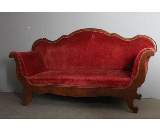 Antico divano Luigi Filippo 1850  noce  elegante. Velluto rosso . Mis L 193 x 68 