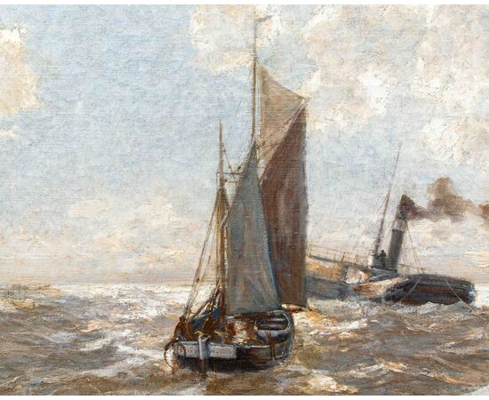 Erwin Carl Wilhelm Günther (1864 - 1927)  Piroscafo e barche a vela sul mare