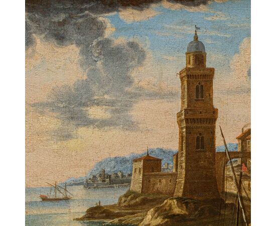 Bottega di Orazio Grevenbroeck (1670 - 1743)  Scena portuale con barche e galeoni