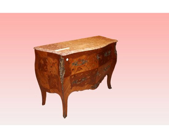 Cassettone francese del 1800 stile Luigi XV riccamente intarsiato in bois de rose