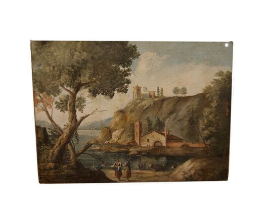 Quadro succo d'erba del 1800 paesaggio con personaggi e abitazioni