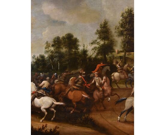 Battaglia equestre, Pieter Molinaer (Anversa 1602 - 1654) Monogramma in basso sulla bamba del cavallo al suolo: PM