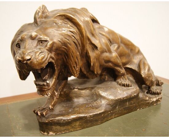 Antica scultura in terracotta di Thomas François Cartier Lion en furie "Leone"