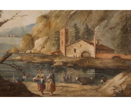 Quadro succo d'erba del 1800 paesaggio con personaggi e abitazioni