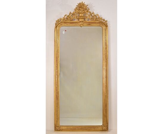 SPECCHIO ANTICO CON FIORI, SPECCHIERA  ANTICA LUIGI FILIPPO, CORNICE DORATA, XIX SECOLO. (SPC177)