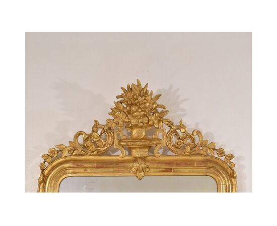 SPECCHIO ANTICO CON FIORI, SPECCHIERA  ANTICA LUIGI FILIPPO, CORNICE DORATA, XIX SECOLO. (SPC177)