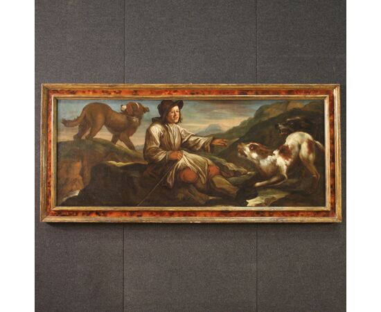 Lombard painting from the 17th century, the shepherd with his dogs