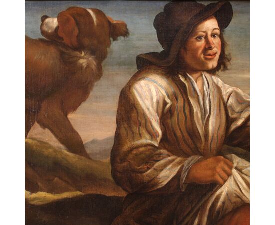 Lombard painting from the 17th century, the shepherd with his dogs