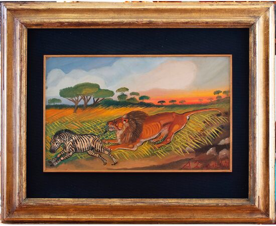 Dipinto di Antonio Ligabue (1899-1965) "Leone con zebra"