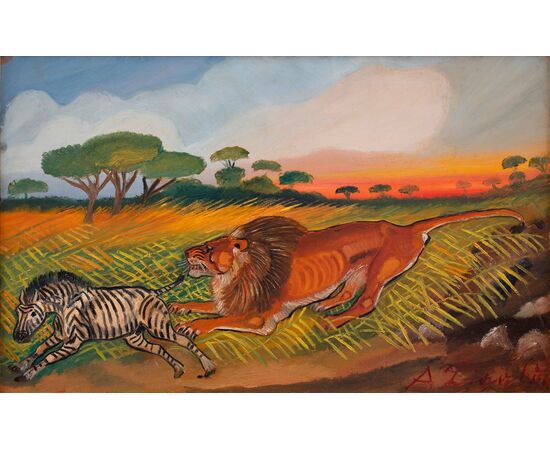 Dipinto di Antonio Ligabue (1899-1965) "Leone con zebra"