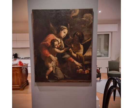 Olio su tela Madonna con Bambino e Arcangelo del 600 scuola Bolognese