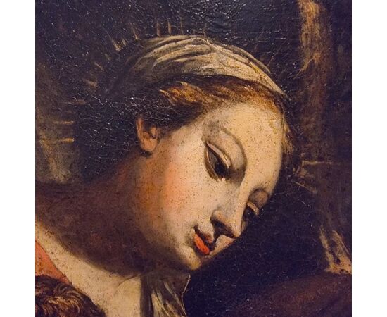 Olio su tela Madonna con Bambino e Arcangelo del 600 scuola Bolognese